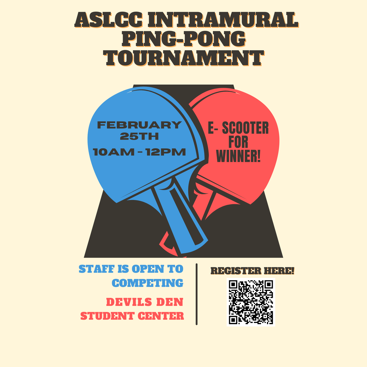 LowerCC's tweet image. Come show your best ping-pong skills at the ASLCC intramural ping-pong tournament on February 25th 10am-12pm at the Devils Den Student in the LCC Student Center. Register to participate at ow.ly/v6MA50UYNEe #LowerColumbiaCollege #LowerCC #ASLCC #LCCwelness #LCCevents