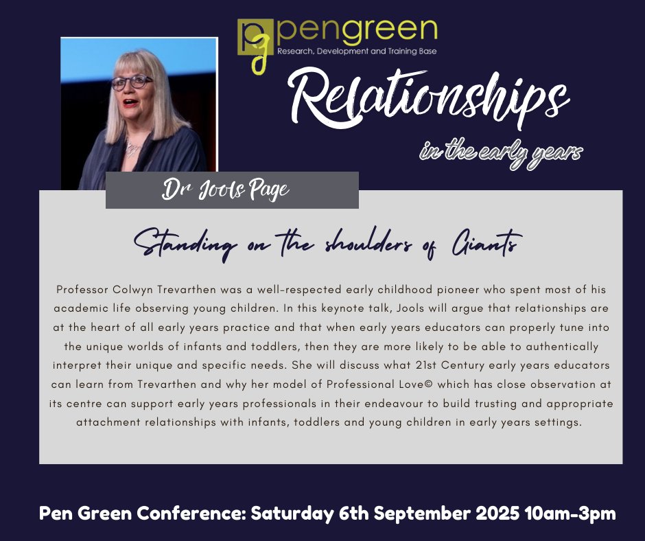 🌟 CONFERENCE UPDATE 🌟 Meet the speakers 📣

We are delighted to welcome Dr. Suzanne Zeedyk and Dr. Jools Page as Keynote speakers at this years conference: Relationships in the Early Years.

Places available now at the early bird rate of £85
pengreen.org/event/conferen…