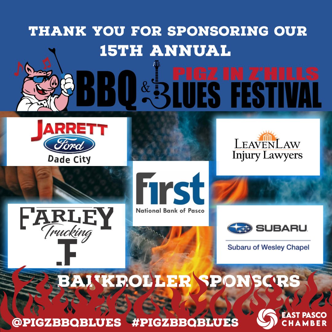 A huge thank you to Jarrett Ford Dade City, Farley Trucking LLC, First National Bank of Pasco, LeavenLaw Injury Lawyers and Subaru of Wesley Chapel for sponsoring the 15th Annual Pigz in Z'Hills BBQ &amp; Blues Festival! Your support means the world to us!