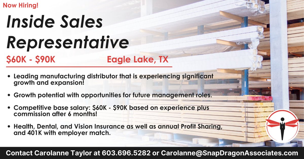 📢 Attention Inside Sales Professionals!

Apply👉ow.ly/t7lN50V36ml or contact Carolanne Taylor for a confidential conversation at 603-696-5282 or carolanne@snapdragonassociates.com.

#BuildingMaterials #SnapDragonJobs #Texas #EagleLakeTX #TXjobs #Sales