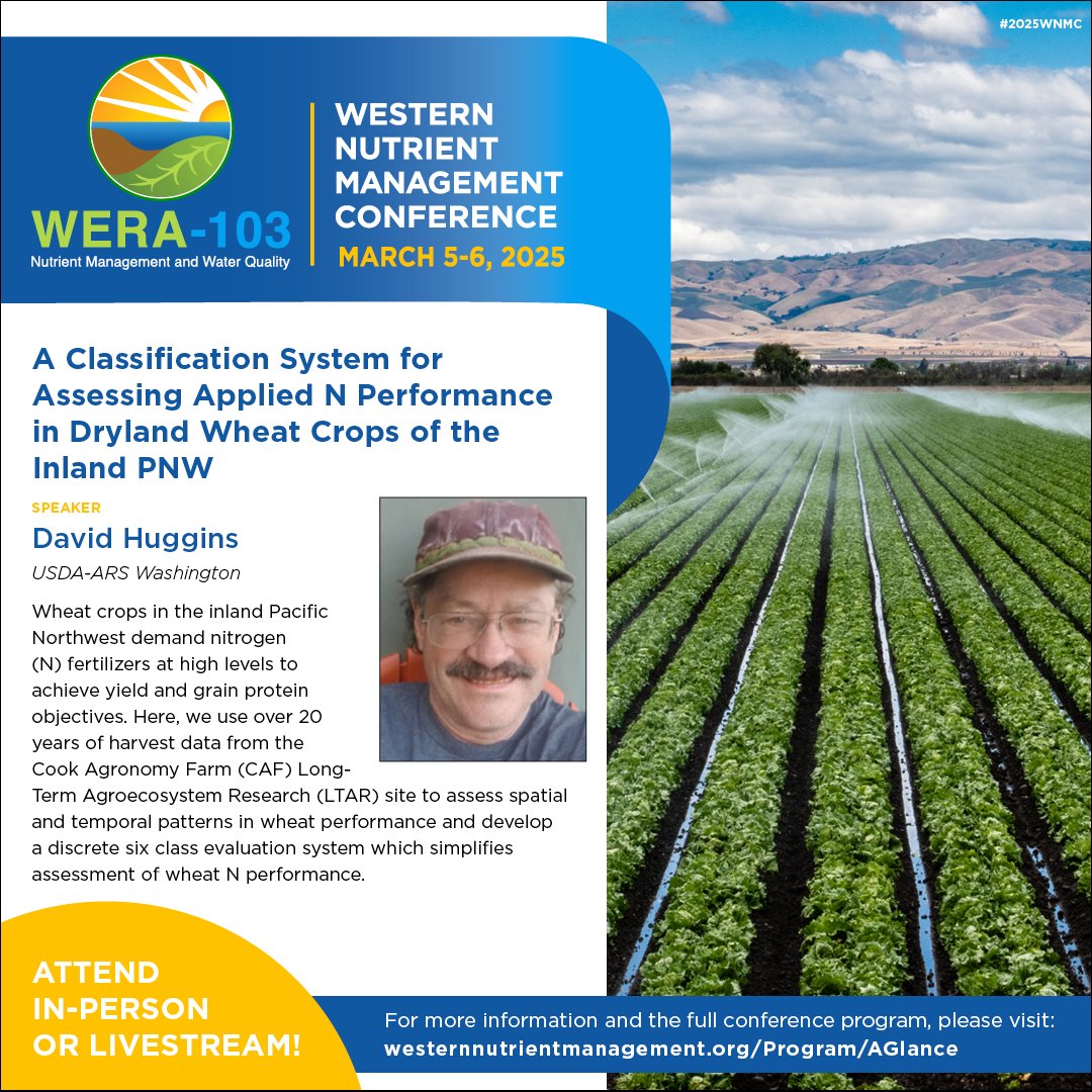 Attend Dave Huggins’ presentation “A Classification System for Assessing Applied N Performance in Dryland Wheat Crops of the Inland PNW” at the 2025 Western Nutrient Management Conference. For the full conference program, please visit: westernnutrientmanagement.org/Program/AGlance #2025WNMC #WNMC