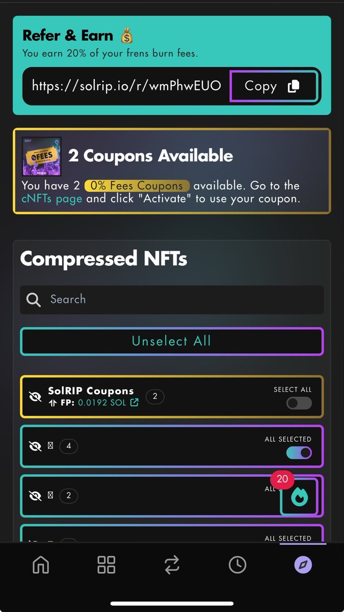 Burns (@mr_burns_sol) on Twitter photo Just burned a ton of garbage and resized some wallets using <a href="/SolRipBurn/">SolRip | Reclaim your SOL</a>.
Ui/ux is really tight. Whoever built the app absolutely killed it.
Cheers to the team.
One suggestion- cnfts are a nuisance. I have 800 in my wallet. To streamline ux if you batched burns it would make Just burned a ton of garbage and resized some wallets using <a href="/SolRipBurn/">SolRip | Reclaim your SOL</a>.
Ui/ux is really tight. Whoever built the app absolutely killed it.
Cheers to the team.
One suggestion- cnfts are a nuisance. I have 800 in my wallet. To streamline ux if you batched burns it would make