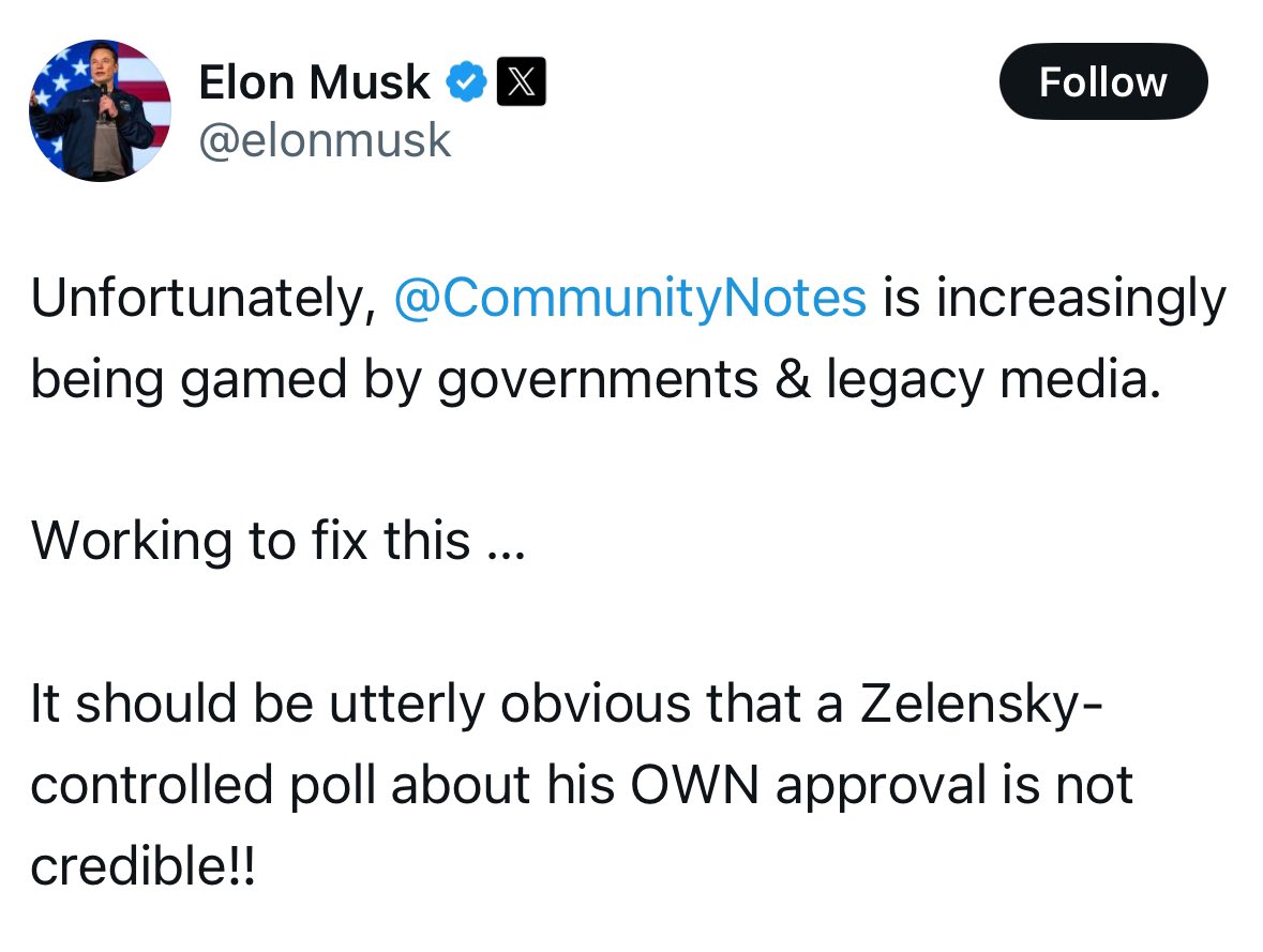 Dismantling Twitter's best feature, Community Notes, because the truth and correcting Russian propaganda is inconvenient.

This is after he spent years proudly taking ownership of the program despite it being invented before he purchased the platform.