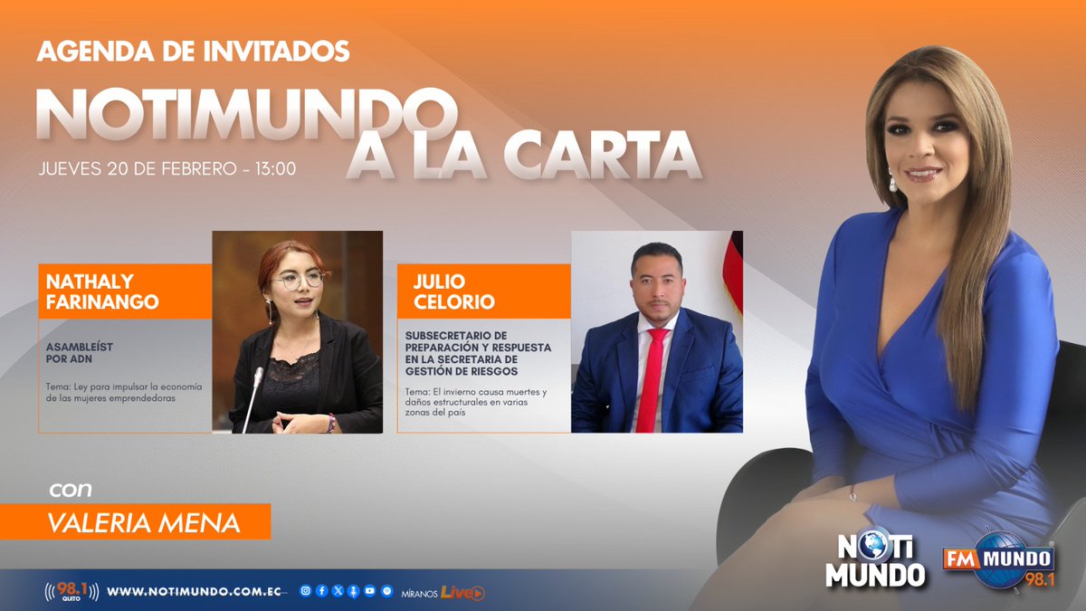 🌎 #NotimundoALaCarta | <a href="/ValeMenaS/">Valeria Mena</a> te trae las noticias más destacadas a la mitad de la jornada. Hoy con:

🎙 <a href="/NathalyFarinan/">Nathaly Farinango Delgado</a>
🎙️ Julio Celorio

📽️ Míranos #EnVivo ➡️ youtube.com/@FmMundoLive

📻 98.1 FM #Quito

📲 fmmundo.com