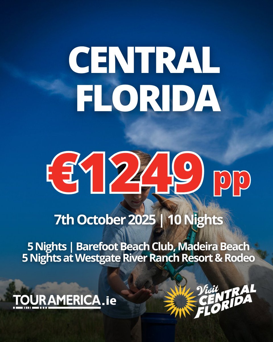 🗓️ Departure Date:  7th October 2025 
✈️ Return Flights with bags
🏨 5 Nights| Barefoot Beach Club, Madeira Beach
🏨 5 Nights| Westgate River Ranch Resort &amp; Rodeo
👫Based on 2 Adults &amp; 2 Kids Sharing  €1,249pp
🔑Ref: 727181