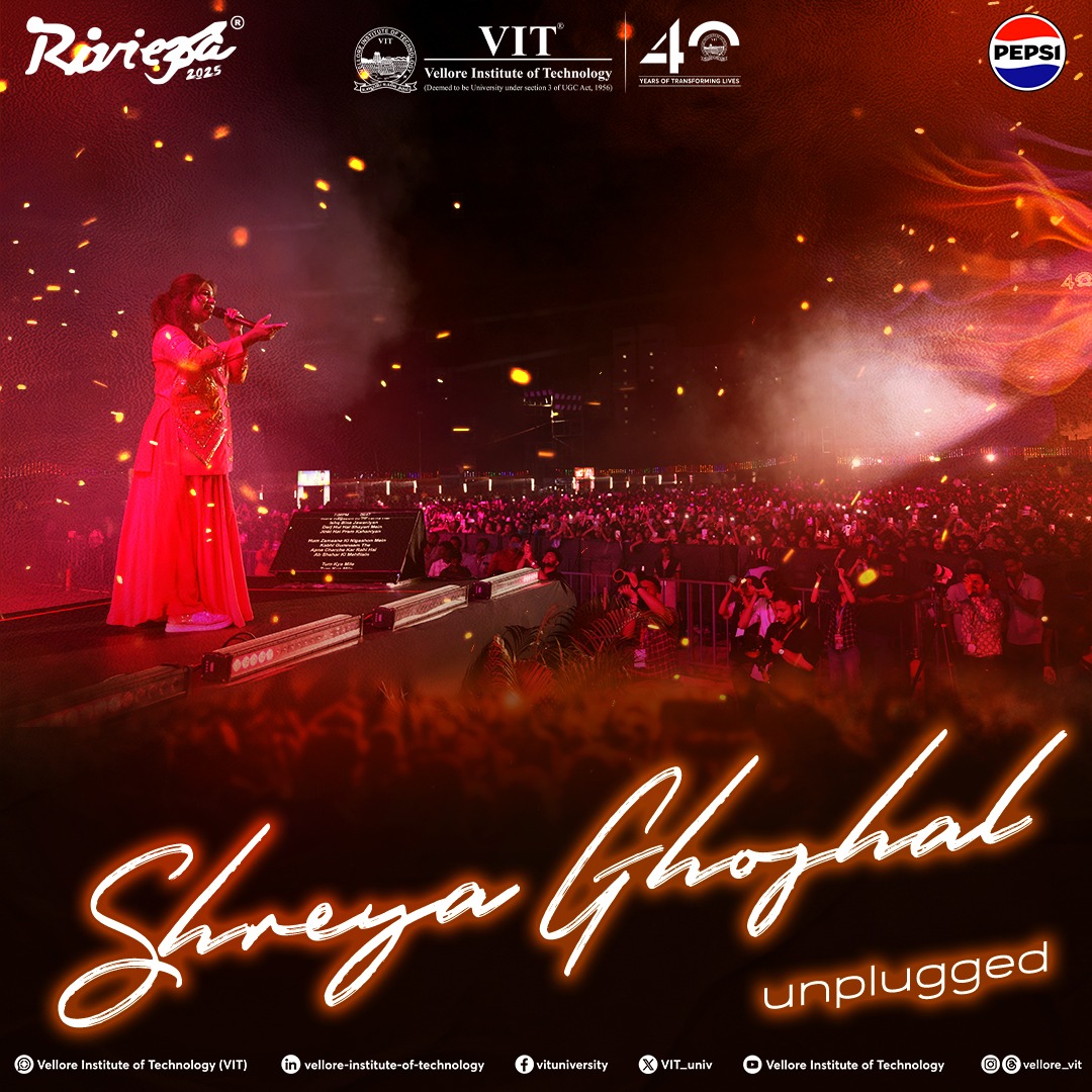 VIT_univ's tweet photo. OMG! Shreya Ghoshal just OWNED the stage at Riviera 2025 Day 1 Proshows! Did anyone else get chills? What was your favorite song? Let us know in the comments!

#Riviera2025 #ShreyaGhoshal #Proshows #RivieraVibes #VIT #VelloreInstituteofTechnology https://t.co/dtZMAxWFLH