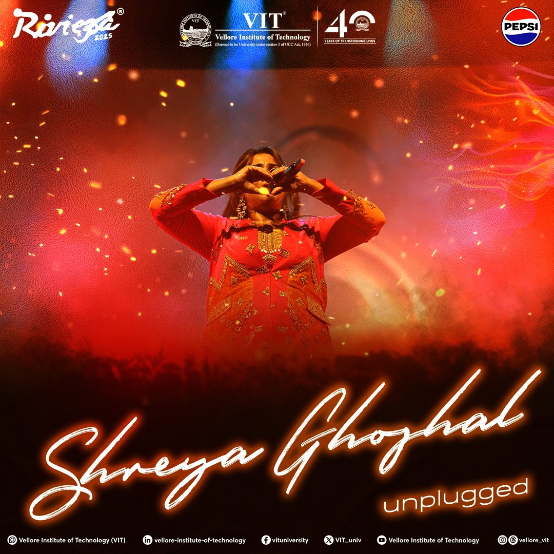 VIT_univ's tweet photo. OMG! Shreya Ghoshal just OWNED the stage at Riviera 2025 Day 1 Proshows! Did anyone else get chills? What was your favorite song? Let us know in the comments!

#Riviera2025 #ShreyaGhoshal #Proshows #RivieraVibes #VIT #VelloreInstituteofTechnology https://t.co/dtZMAxWFLH