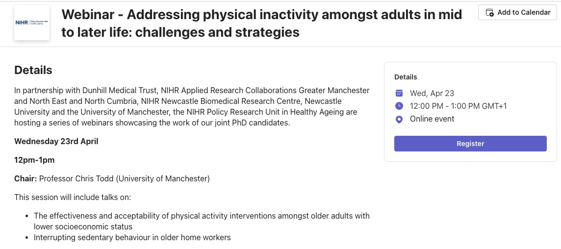 LaterLifeTrain's tweet photo. Two free webinars - register here - https://t.co/2OJcZvsTqe
#PA #socioeconomic #chinese #southasian #sedentarybehaviour #homeworkers #Falls #FaME #teleconferencing thanks to @NIHRHAPRU https://t.co/SsBYqVb94D