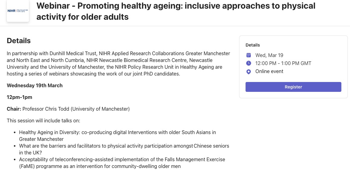 LaterLifeTrain's tweet photo. Two free webinars - register here - https://t.co/2OJcZvsTqe
#PA #socioeconomic #chinese #southasian #sedentarybehaviour #homeworkers #Falls #FaME #teleconferencing thanks to @NIHRHAPRU https://t.co/SsBYqVb94D