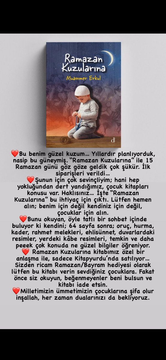 “Ramazan Kuzularına” kitabımız, Kitapyurdu’nun Çocuk kategorisinde oylamaya açılmış. (İlk 10’a, finale katılması için ÜÇ GÜN kaldı.) 
Desteklersiniz değil mi?
⬇️
kitapyurdu.com/kitap/ramazan-…