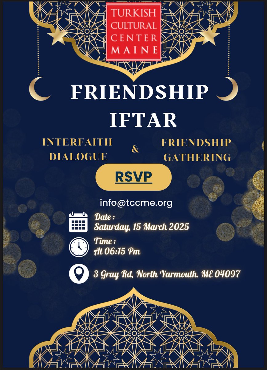 Join us for our Annual Ramadan Friendship Dinner! 🌙✨

Celebrate the spirit of unity, gratitude, and togetherness with us at the Turkish Cultural Center of Maine. Enjoy a warm evening with delicious food. 

docs.google.com/forms/d/1OZmOj…