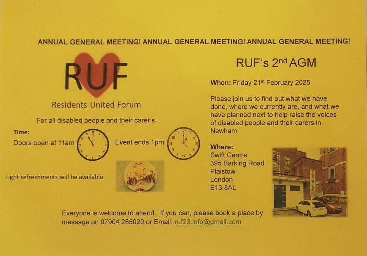 One Newham (@one_newham) on Twitter photo Are you *disabled* and/or a *Carer* for another?  Â
RUF Trustees & members invite you to their 2nd AGM. Find out how you can get involved in making a difference to disabled people and their carers in Newham. Everyone welcome.
to book please email ruf23.info@gmail.com Are you *disabled* and/or a *Carer* for another?  Â
RUF Trustees & members invite you to their 2nd AGM. Find out how you can get involved in making a difference to disabled people and their carers in Newham. Everyone welcome.
to book please email ruf23.info@gmail.com