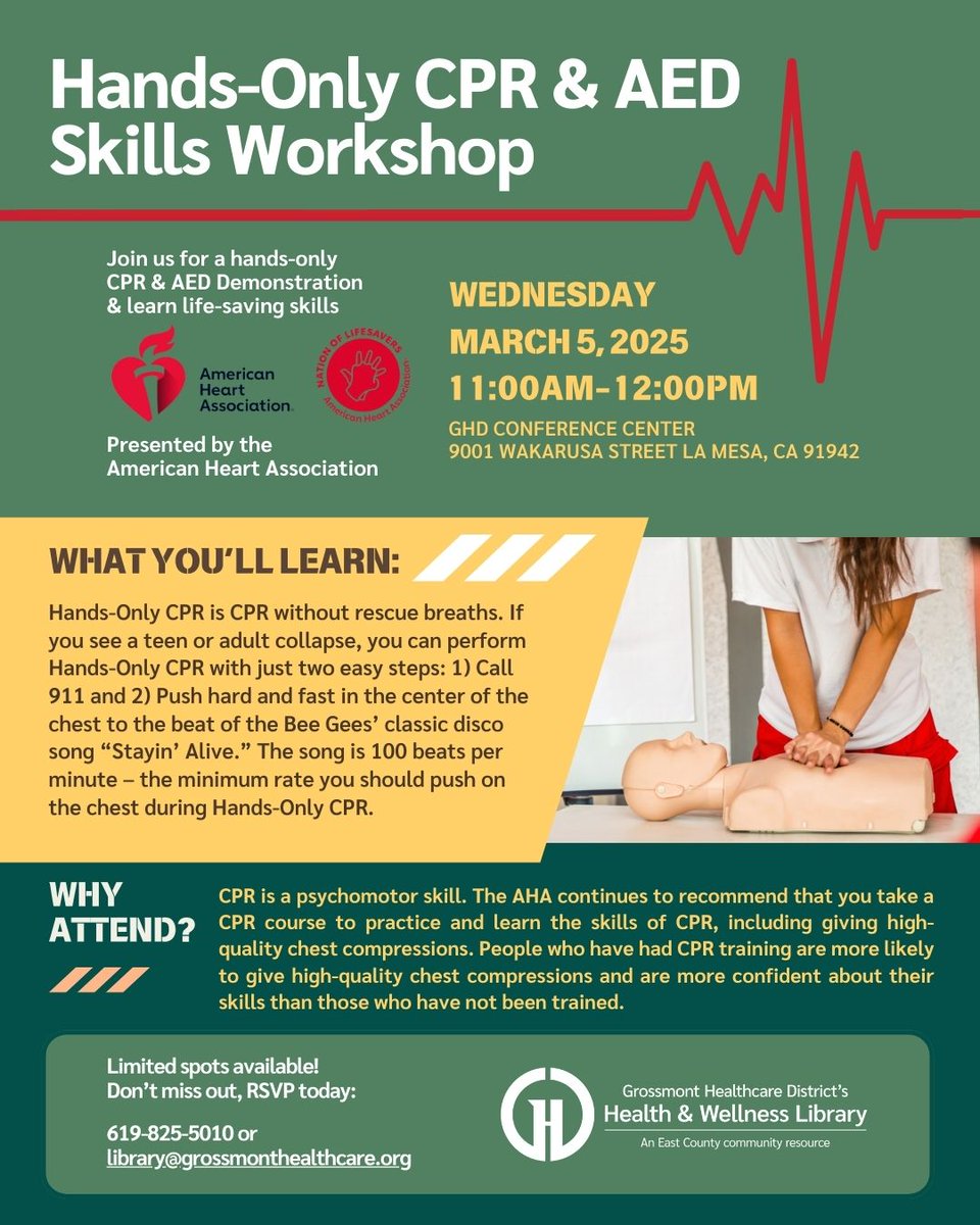 Join us on Wed., 3/5 for a hands-only #CPR &amp; #AED skills workshop presented by folks from the San Diego office of <a href="/American_Heart/">American Heart Association</a> Southern California. Limited spots available. Give us a call, email, or visit us in person to reserve your spot.💓#HeartHealthMonth