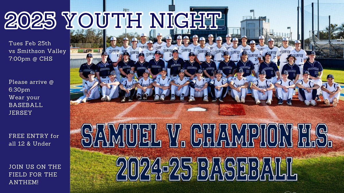 🚨 YOUTH NIGHT🚨 
Come early, stay late, root on the Chargers! 

*12 &amp; Under free admission w/ jersey
*Get on the field before &amp; after game

<a href="/CiboloCreekES/">Cibolo Creek Elementary School</a> <a href="/VanRaubES/">Van Raub Elementary School</a> <a href="/FairOaksEagles/">Fair Oaks Elementary School 🦅</a> <a href="/KendallElem/">Kendall Elementary School</a> <a href="/FabraElem/">Fabra Elementary School</a> <a href="/CuringtonElem/">Curington Elementary School</a> <a href="/HerffES/">Dr. Ferdinand L. Herff Elementary School</a> 
<a href="/ViolaWilsonElem/">Viola Wilson Elementary</a> <a href="/BMSS_Athletics/">BoerneSouthAthletics</a> <a href="/VossMiddle/">Mark T Voss Middle School</a>
