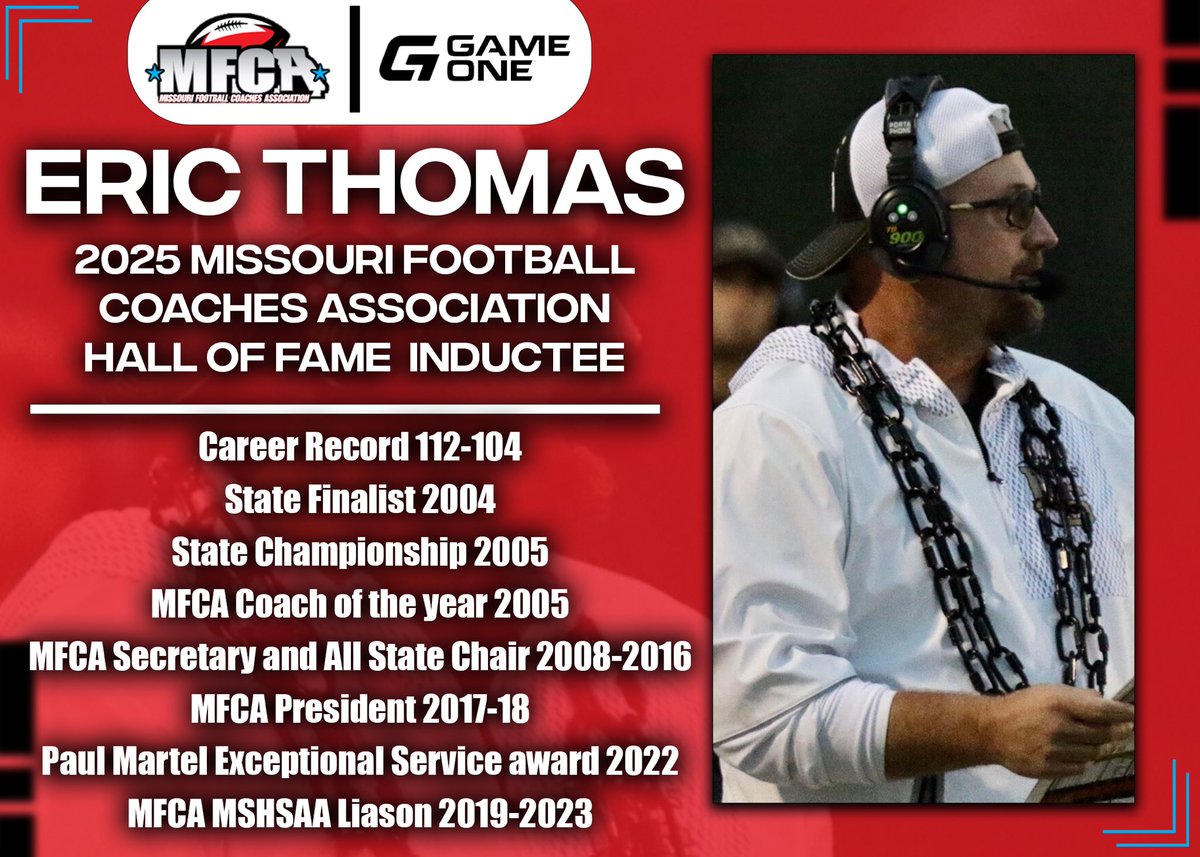 MOFBCA (@mofbca) on Twitter photo We begin announcing our 2025 MOFBCA Hall of Fame inductees! Today we honor Eric Thomas, FB HC of <a href="/JCJaybirds/">Jefferson City High School</a>! Let’s congratulate Coach Thomas on this honor & we look forward to his induction in December! <a href="/coachericthomas/">Eric Thomas</a>, @jaypridefootball <a href="/lstigerfootball/">lstigerfootball</a> <a href="/camerondragonfb/">Cameron Dragon Football</a> We begin announcing our 2025 MOFBCA Hall of Fame inductees! Today we honor Eric Thomas, FB HC of <a href="/JCJaybirds/">Jefferson City High School</a>! Let’s congratulate Coach Thomas on this honor & we look forward to his induction in December! <a href="/coachericthomas/">Eric Thomas</a>, @jaypridefootball <a href="/lstigerfootball/">lstigerfootball</a> <a href="/camerondragonfb/">Cameron Dragon Football</a>