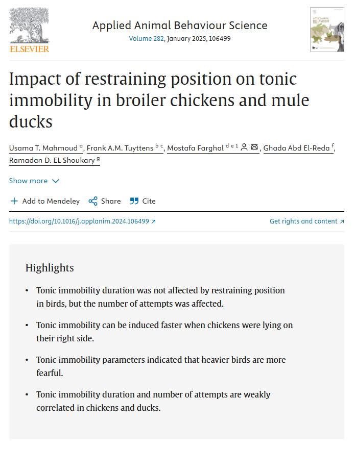 appliedethology's tweet photo. #NewResearchAlert
"Impact of restraining position on tonic immobility in broiler chickens and mule ducks" by Mahmoud et al. Get the full paper here (NB share link open till 23rd Feb)
#broilerbehaviour #duckbehaviour #retraining
https://t.co/Vmr7JypwEf https://t.co/E9yFXQCiVv