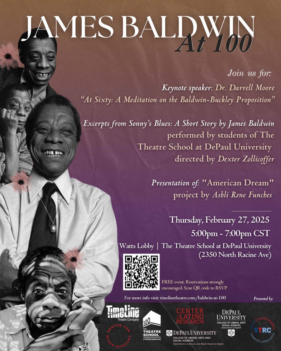 “James Baldwin At 100” will be held at DePaul’s Theatre School (2350 North Racine Ave.) from 5–7PM next Thursday, February 27. 

Tickets are free, though reservations are encouraged. See the flyer for full details on this special celebration of James Baldwin and his work!