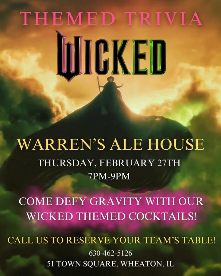 WarrensAleHouse's tweet photo. Defy gravity with Wicked Themed Trivia next Thursday at Warren's Ale House, hosted by Binge Entertainment! 

It’ll be popular— so don’t miss out, reserve your table today! 

➡️ https://t.co/cIRYzWyVgd
➡️ 630.462.5126 https://t.co/uThXBc4Kh0