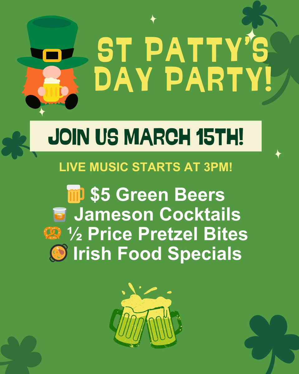 🍀 LESS THAN A MONTH TO GO! 🍻 St. Patty’s Party = LIVE MUSIC, $5 Green Beer &amp; Jameson Cocktails! 🎸🥃

🎶 Music starts at 3 PM
🍺 $5 Green Beer
🥃 Jameson Cocktails
🥨 ½ Price Pretzel Bites
🥘 Irish Food Specials
💚 Wear green &amp; join us March 15! Tag your crew! 🎉
#StPatricksDay