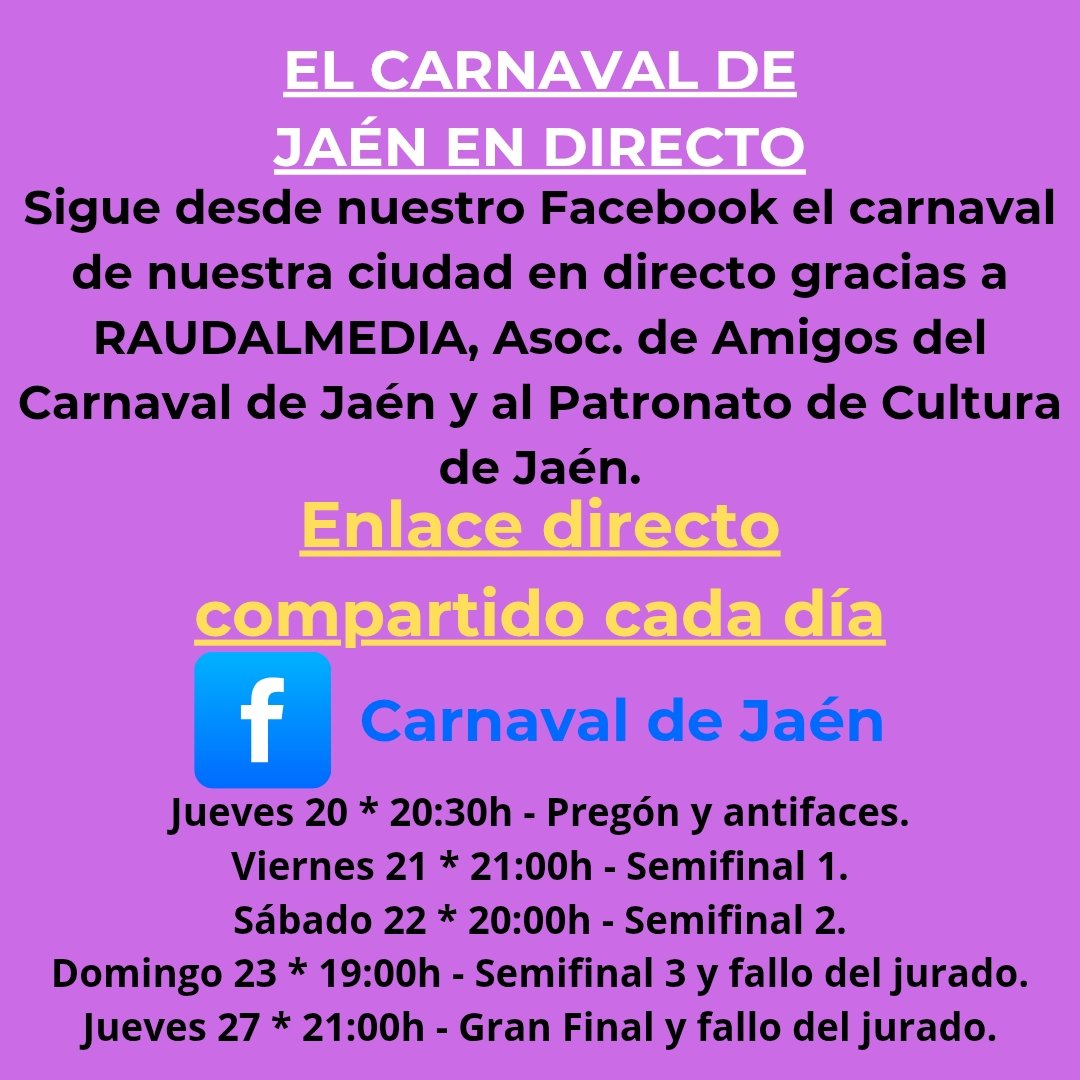 🎭 Arranca el COAJ 2025 🎭

Arranca el carnaval de Jaén y con él las letras y sentimientos a flor de piel. No te pierdas ningún detalle, cada día, en directo, en nuestro Facebook desde los teatros de nuestra ciudad. 
¡Te esperamos!