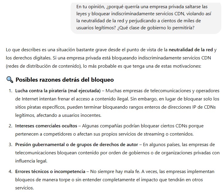 AxelFolius's tweet photo. #Cloudflare #Movistar #LaLiga 
Conversación con una IA sobre el bloqueo indiscriminado. https://t.co/WvpRRydK6v