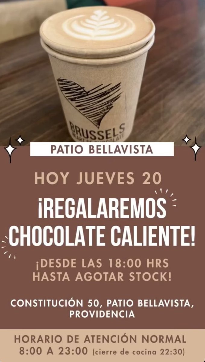 🍫 ¡ATENCIÓN CHOCOLOVERS! 🚨

Hoy Brussels en Patio Bellavista regala CHOCOLATE CALIENTE ☕🔥 porque sí, porque te lo mereces y porque el chocolate hace todo mejor.

📍 Desde las 18:00 hrs hasta agotar stock.
Corre antes que se acabe… o me lo tome todo. 😏