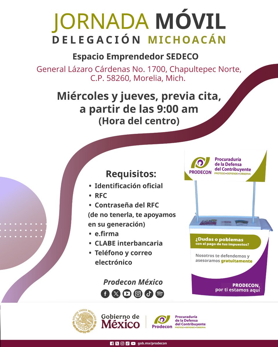 🟣 #PRODECONMásCercaDeTi 🟢 🫵🏼

📣 ¡Atención Michoacán! 📣 #PRODECON te ofrece una jornada móvil, donde podrás recibir asesoría gratuita y conocer los servicios que tenemos para apoyarte ante cualquier duda o inconsistencia tributaria. ⚖️ 👨🏼‍🦳 👱🏻‍♀️ 👩🏽‍🦱 👨🏻‍🦱

🗓️ Agenda tu cita