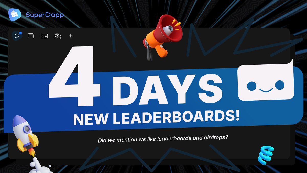 SuperDappAI's tweet photo. 🏆 4 DAYS until engagement pays off—literally.

New leaderboards &amp; airdrops are coming. The more you and your groups use SuperDapp, the more you could earn.💰

Being active just became more rewarding. Who’s ready to climb to the top? 👀🔥

#Leaderboards #Airdrops #EarnCrypto https://t.co/gpzAZFRb3s