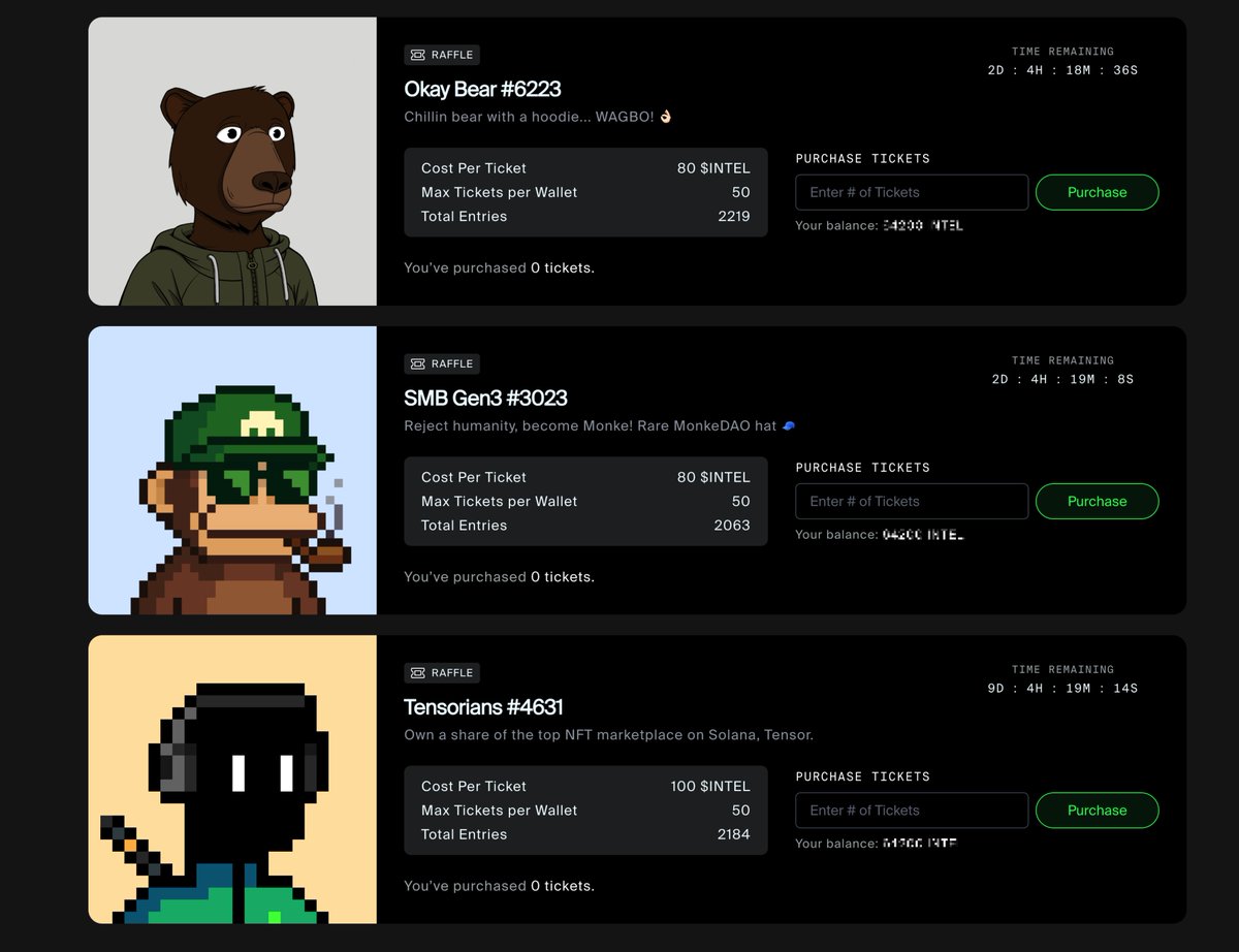 Dronies (@droniesnft) on Twitter photo 2 Days left on <a href="/okaybears/">Okay Bears</a>
2 Days left on <a href="/MonkeDAO/">MonkeDAOπ</a>
9 Days left on <a href="/tensor_hq/">Tensor β‘οΈ</a> Tensorians
The chances to win are high. π
All you need are Dronies that earn INTEL and you purchase raffle tickets (see below).
Stay vigilant π«‘ 2 Days left on <a href="/okaybears/">Okay Bears</a>
2 Days left on <a href="/MonkeDAO/">MonkeDAOπ</a>
9 Days left on <a href="/tensor_hq/">Tensor β‘οΈ</a> Tensorians
The chances to win are high. π
All you need are Dronies that earn INTEL and you purchase raffle tickets (see below).
Stay vigilant π«‘