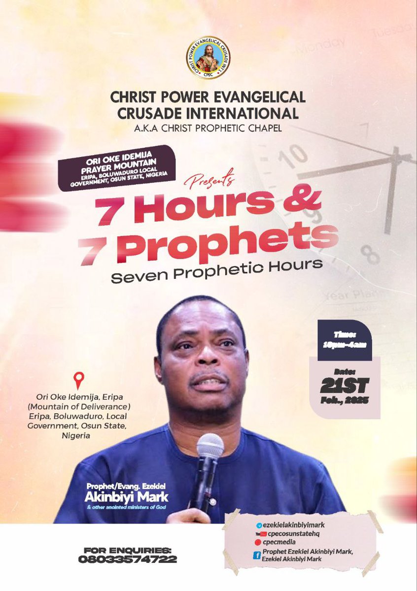 CpecOsunStateHQ's tweet photo. Ori Oke IdeMiJa February 2025 Edition 
Tagged: Seven Hours, Seven Prophets
Join us tomorrow for another life transforming Encounter. https://t.co/k0fvJSAMrm