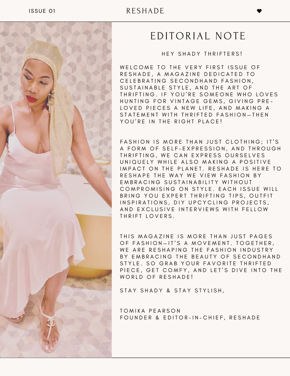 ReshadeMagazine's tweet image. ✨BIG ANNOUNCEMENT✨

I'm launching my very first magazine, RESHADE—a celebration of all things thrifted! 🛍️ As a Black woman who loves secondhand fashion, I’m beyond excited to take you on this journey with me.

Coming THIS SUMMER, RESHADE will be packed with style tips,…
