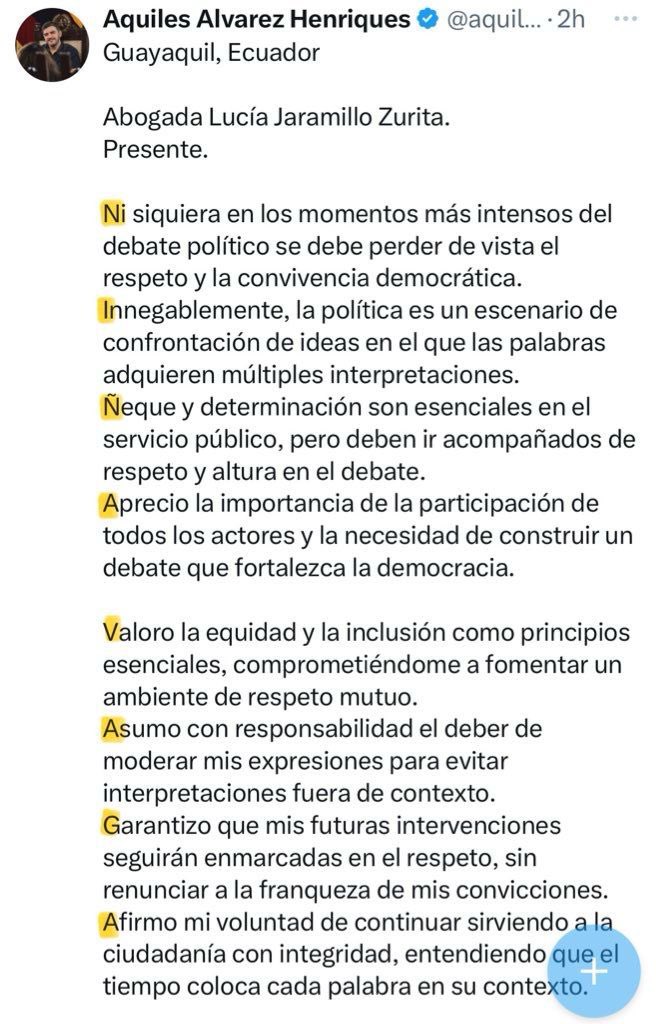 jarapolitica's tweet photo. El doble estándar de la política ecuatoriana

En Ecuador, la indignación parece tener dueño. Cuando el presidente Daniel Noboa puso una placa transparente para “disculparse” con la vicepresidente Verónica Abad, el correísmo lo destrozó en redes sociales, exigiendo respeto y calificándolo de misógino. Pero cuando el alcalde correísta de Guayaquil, Aquiles Álvarez, camufló un insulto en su “disculpa” a la asambleísta Lucía Jaramillo, los mismos que antes condenaban guardaron silencio, lo justificaron o se burlan.

Del otro lado, los partidarios del presidente, que defendieron la “disculpa” vacía de Noboa, se escandalizaron con la de Álvarez, exigiendo respeto para las mujeres en política.

Este no es un debate de valores, sino de conveniencia. No importa lo que se haga, sino quién lo haga. La ética política ha sido sustituida por la hipocresía partidista. Y mientras tanto, las mujeres en la política siguen siendo blanco de gestos que las minimizan, ya sea con insultos abiertos o burlas disfrazadas de disculpas.