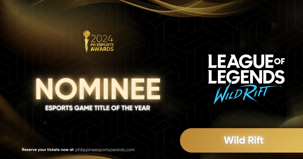 Congratulations to Wild Rift who has been publicly nominated as Esports Game Title of the Year! 🏆🎥🏆

Don't miss out – reserve your tickets now at philippineesportsawards.com or by emailing us at phesportsawards@gmail.com.

#2024PHEsportsAwards
#PHeascension