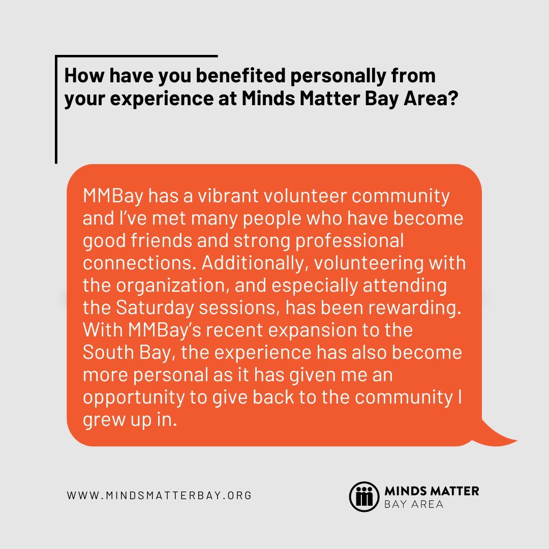 Meet Rahul Narula, a passionate leader on the MMBay Associate Board! In his fourth year with Minds Matter Bay Area, he heads the Event Planning subcommittee. Swipe for our Q&amp;A and find out his favorite upcoming event!

Want to volunteer? Apply at buff.ly/3mAGEG5.