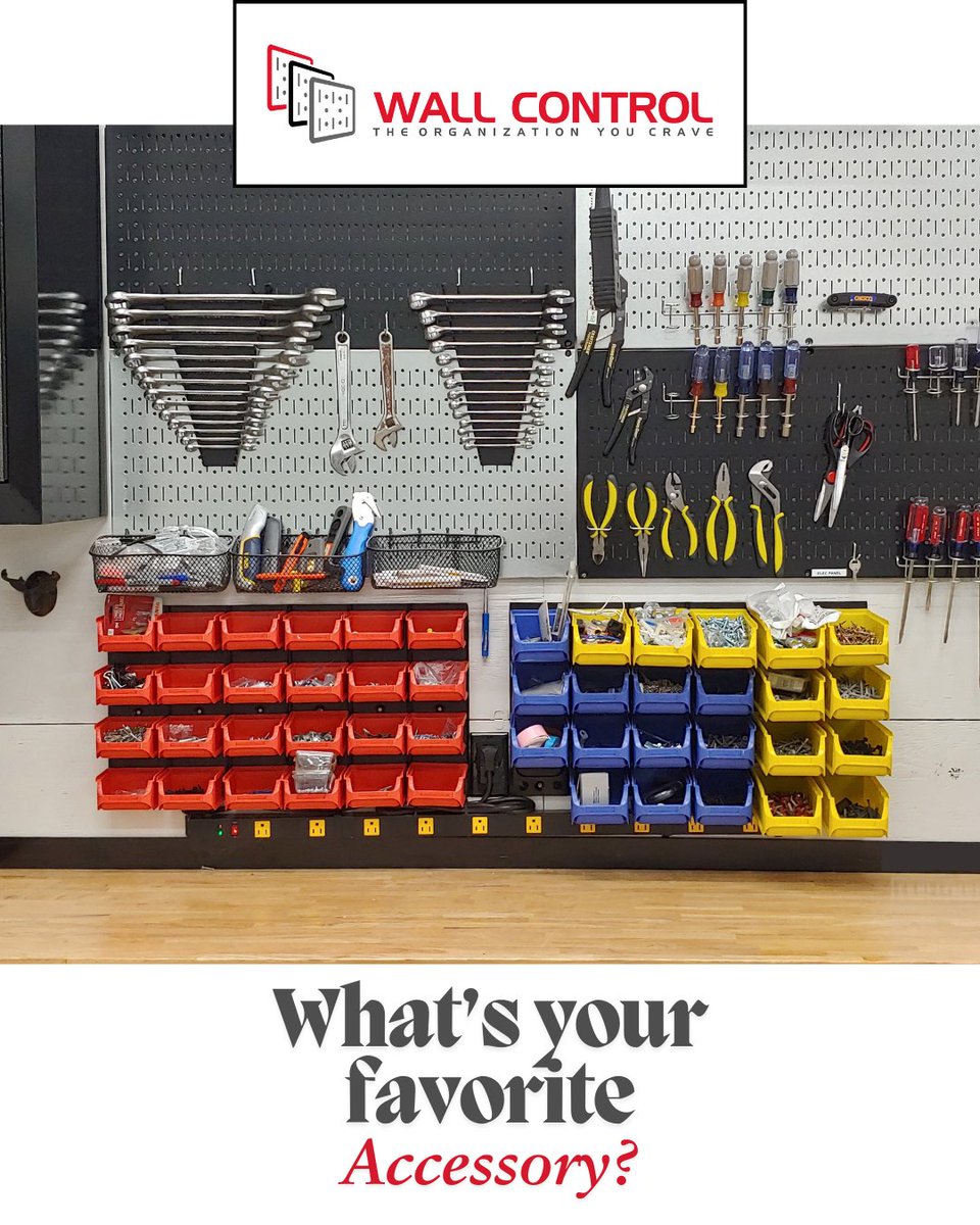 The accessories are what make a pegboard and allow you to hang different items! Jerry shared his setup where he hangs bins to store various small items. Hanging bins from your Wall Control panels with our accessory hanger helps keep screws, bolts, and other small items neatly