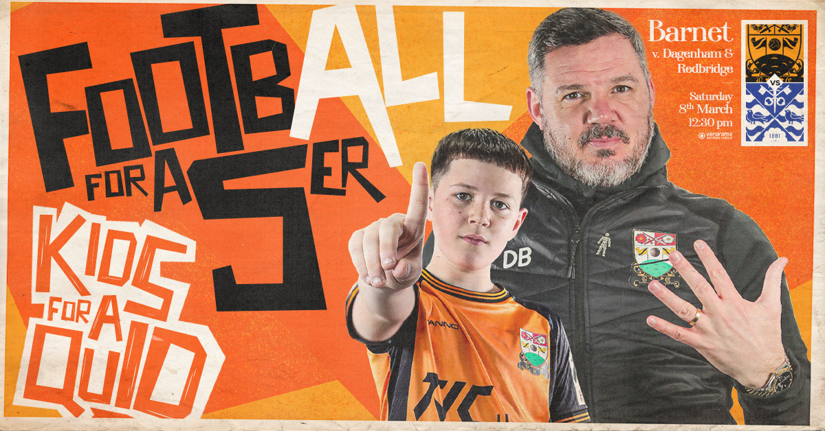 BarnetFC's tweet photo. 🐝FOOTBALL FOR A FIVER🐝

All tickets for our home game against Dagenham &amp; Redbridge on Saturday the 8th of March will be available to buy for just £5 and kids for just £1!

This deal applies for Home and Away Tickets

@Dag_RedFC

Let’s get The Hive Stadium rocking!

#BarnetFC🐝