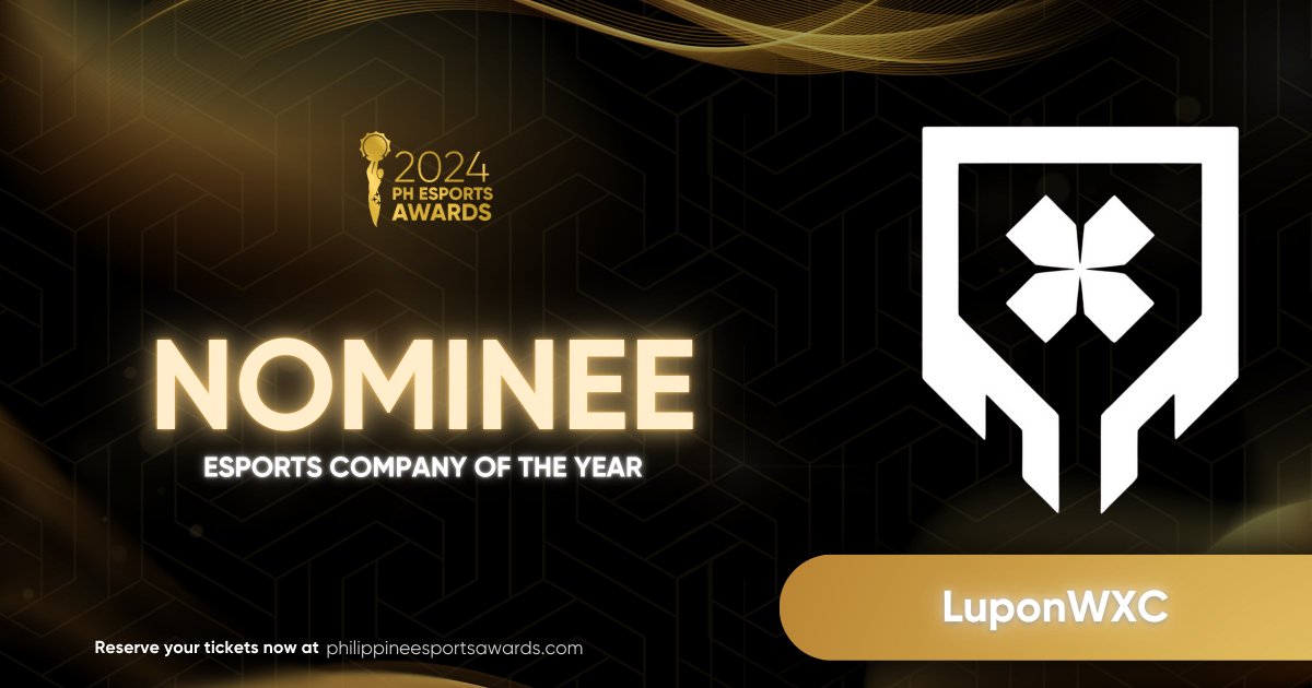 Congratulations to LuponWXC who has been publicly nominated as Esports Company of the Year! 🏆🎥🏆

Don't miss out – reserve your tickets now at philippineesportsawards.com or by emailing us at phesportsawards@gmail.com.

#2024PHEsportsAwards
#PHeascension