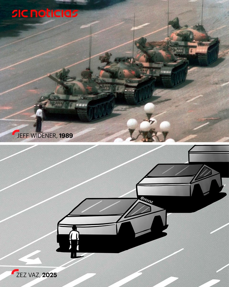 Está a dar a volta ao mundo e a ser partilhada milhares de vezes esta imagem viral criada por um designer português, que faz um paralelo entre a oposição a Trump e Elon Musk e a luta pela democracia na China no final dos anos 80: sicnoticias.pt/cultura/2025-0…