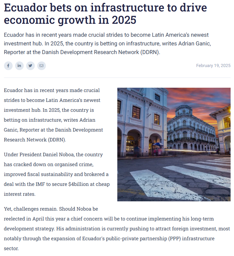 #SIPPenMedios📰| #Ecuador bets on infrastructure to drive economic growth in 2025, vía <a href="/LatAmINVESTOR/">LatAm INVESTOR</a>.

Lea la nota completa en:
👉bit.ly/4kcnVK3

#ElNuevoEcuador 🇪🇨