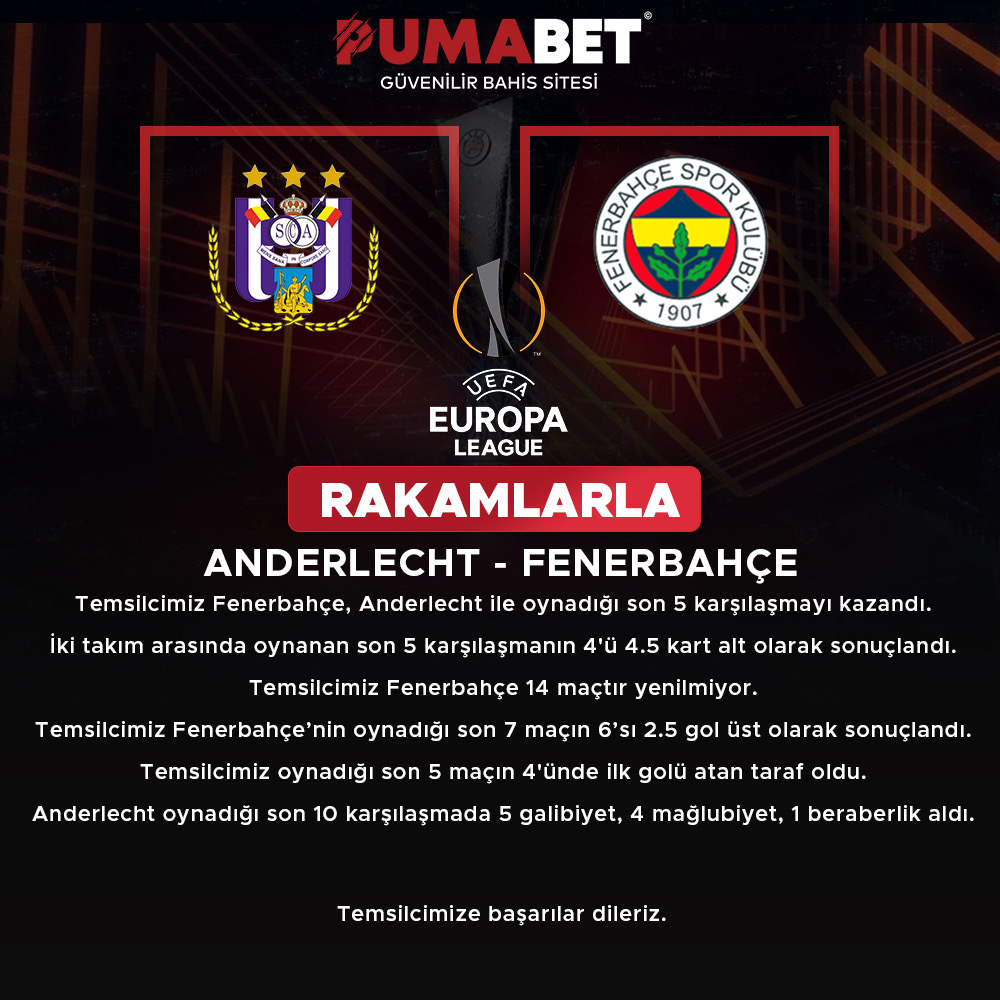 ⚽️ANDERLECHT - FENERBAHÇE⚽️

📌Temsilcimiz Fenerbahçe, Anderlecht ile oynadığı son 5 karşılaşmayı kazandı.

📌İki takım arasında oynanan son 5 karşılaşmanın 4'ü 4.5 kart alt olarak sonuçlandı.

📌Temsilcimiz Fenerbahçe 14 maçtır yenilmiyor.