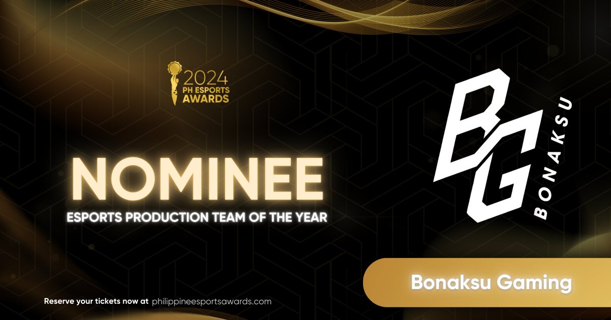 Congratulations to Bonaksu Gaming who has been publicly nominated as Esports Production Team of the Year! 🏆🎥🏆

Don't miss out – reserve your tickets now at philippineesportsawards.com or by emailing us at phesportsawards@gmail.com.

#2024PHEsportsAwards
#PHeascension