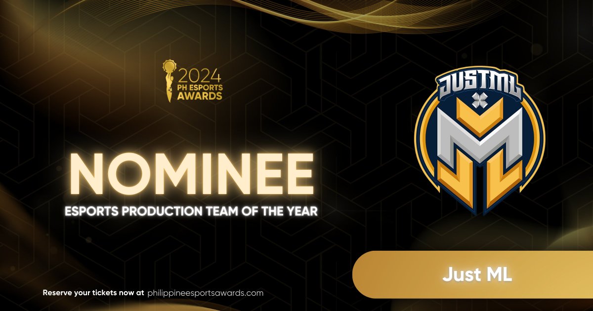 Congratulations to Just ML who has been publicly nominated as Esports Production Team of the Year! 🏆🎥🏆

Don't miss out – reserve your tickets now at philippineesportsawards.com or by emailing us at phesportsawards@gmail.com.

#2024PHEsportsAwards
#PHeascension