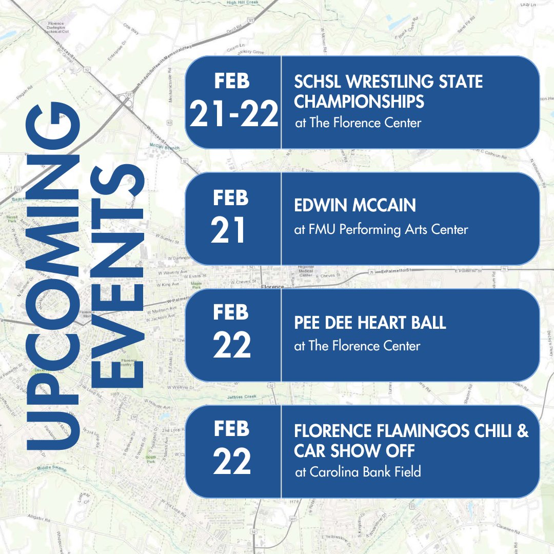 📆 Florence is a busy place this weekend!
🤼🤼‍♀️ SCHSL State Wrestling Championships
🎶 Edwin McCain
❤️ Pee Dee Heart Ball
🦩Florence Flamingos Chili &amp; Car Show Off
Get details at visitflo.com/events/
