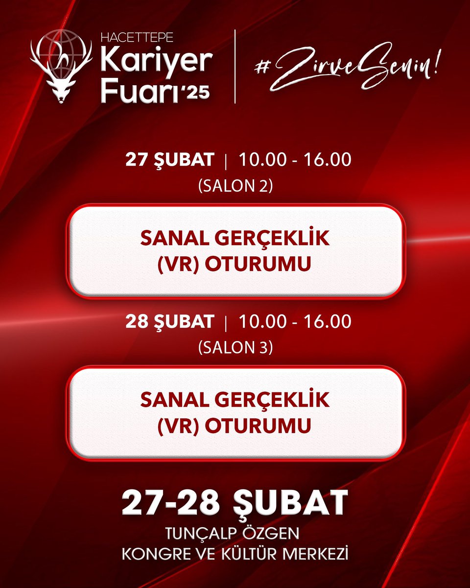 27-28 Şubat tarihlerinde, Hacettepe Kariyer Fuarı’25 kapsamında düzenlenecek olan sanal gerçeklik (VR) oturumları ile unutulmaz bir deneyime hazır olun! 🚀

Teknolojiyi en ileri seviyede deneyimlemek için fuar alanındaki VR salonlarını ziyaret edebilirsiniz.