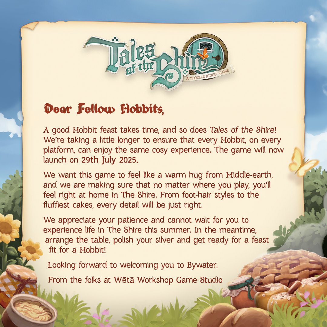 📢 Tales of the Shire needs a bit more simmering... Now coming July 29th, 2025. Thank you for your support and patience.🍽️🥧

#TalesOfTheShire #LOTR #cozygaming