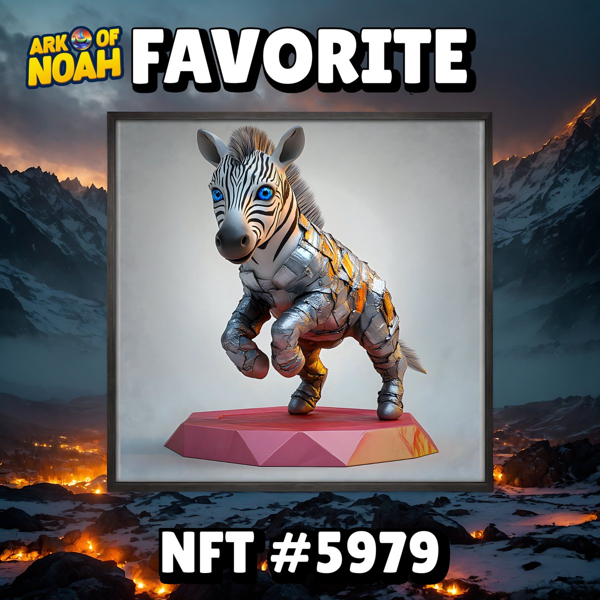 Bundycop's tweet image. Just stumbled upon my favorite masterpiece again: NFT #5979! 🦓 The breathtaking silver zebra on that hot-pink octagon plate is pure magic. Those blue eyes? Captivating. 💖 #NFTArt #CryptoCreativity #ARKOFNOAH