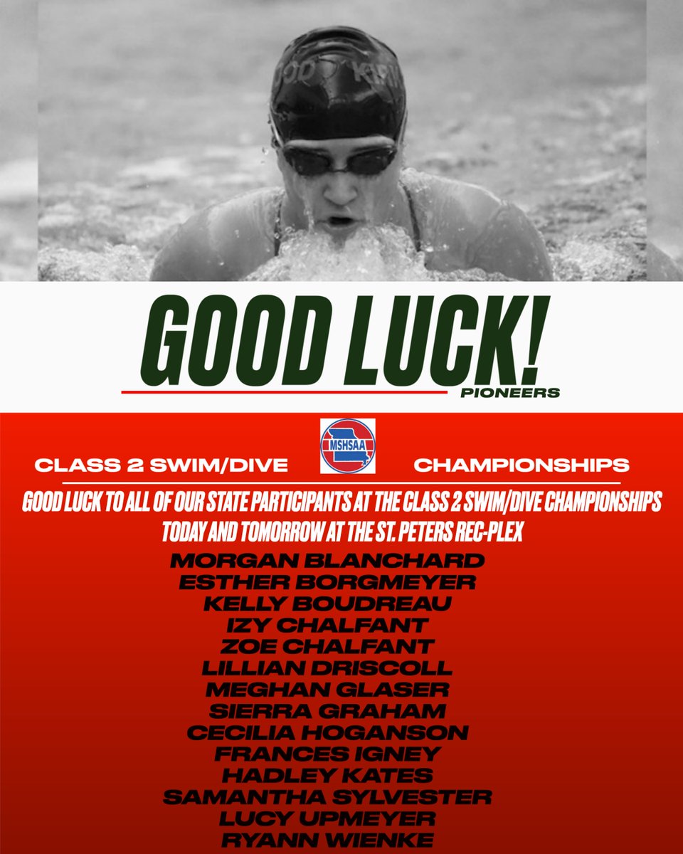 Good Luck to all of our Swim/Dive State Qualifers at the Class 2 Swim/Dive Championships today and tomorrow!
