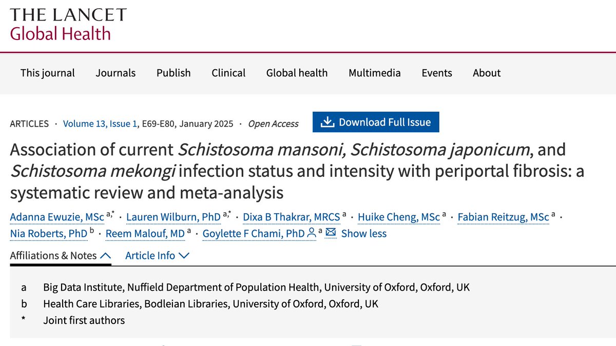 hiAdanna's tweet image. ✨I am back to business on Twitter... with a bang✨

My MSc dissertation on schistosomiasis + periportal fibrosis was published in the @LancetGH Jan 2025. Have a read here: thelancet.com/journals/langl…

I presented @royalsociety this Feb, thank you @StothardRuss for the opportunity!