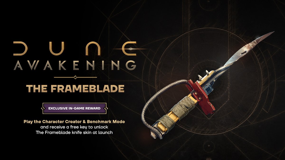 Play the Character Creator and Benchmark Mode on Steam and receive a free key to unlock the Frameblade knife skin in the full version of #DuneAwakening!

🗡️ bit.ly/DuneAwakeningS…