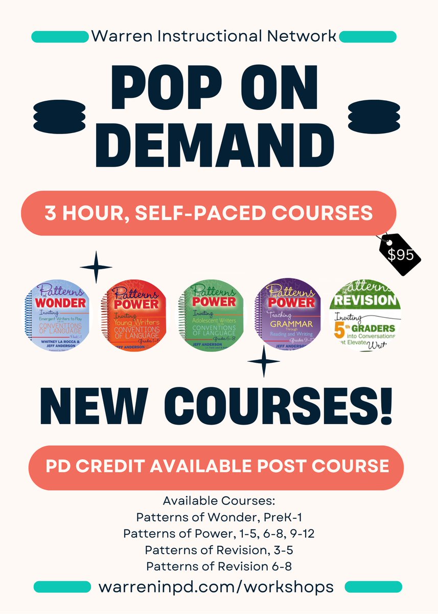 WarrenINPD (@warreninpd) on Twitter photo Thanks to <a href="/learningleech/">Travis Leech</a> we added a session to our on demand offerings! Patterns of Revision 6-8 is now available!! 🥳
Let <a href="/AndreaCoachman/">Andrea Coachman</a> help you get registered!
warreninpd.com/workshops Thanks to <a href="/learningleech/">Travis Leech</a> we added a session to our on demand offerings! Patterns of Revision 6-8 is now available!! 🥳
Let <a href="/AndreaCoachman/">Andrea Coachman</a> help you get registered!
warreninpd.com/workshops
